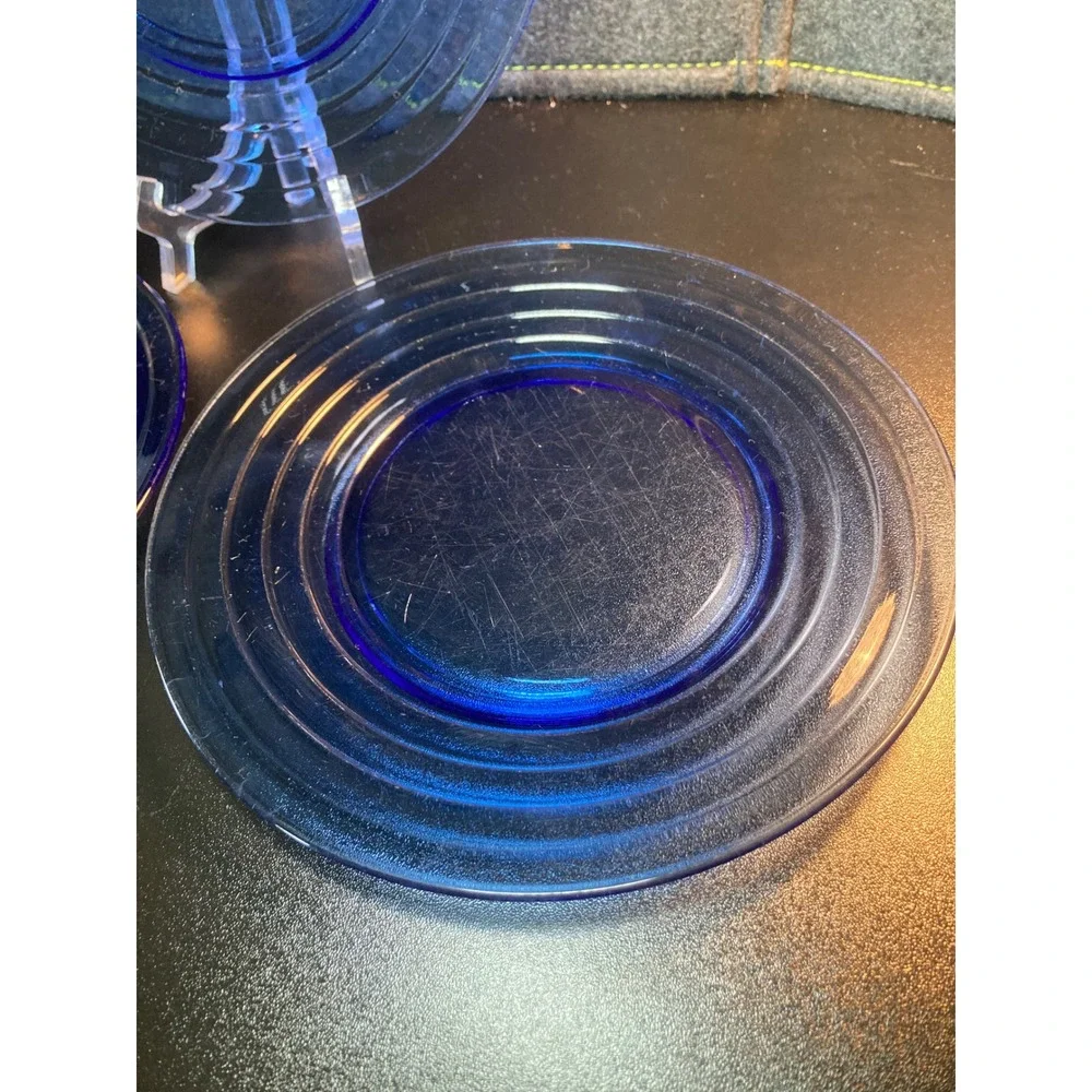 Vintage Cobalt Blue Glass Salad Plates Set of 3 Concentric Ring Art Deco 8